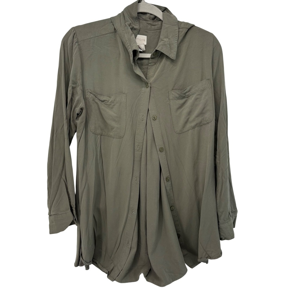 Chico's Women Size 2 Olive Green Rayon Button Down Shirt Pleated Back